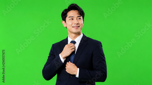 Confident young man in a suit adjusting his tie, standing against a vibrant green background, showcasing professionalism and style.