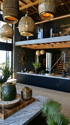 Modern, open-concept interior design with natural elements, showcasing a stylish reception area