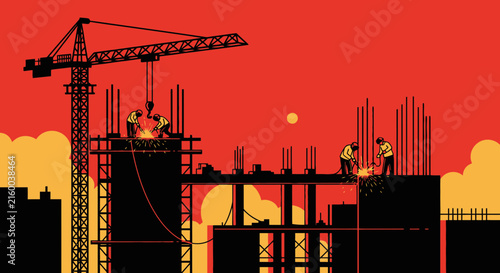 Workers Building Skyscraper With Crane Against Sunset Sky Background