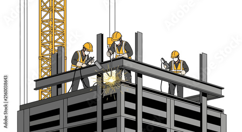 Workers Constructing High-Rise Building Structure With Welding Crane