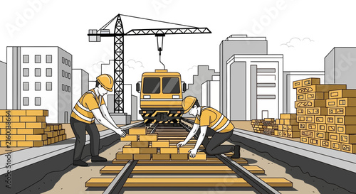 Workers Constructing Railway Tracks With Crane And Train In Urban Setting
