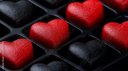 Red and black heart-shaped candies in a box.