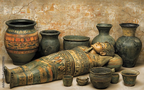 Ancient Egyptian sarcophagus and pottery.