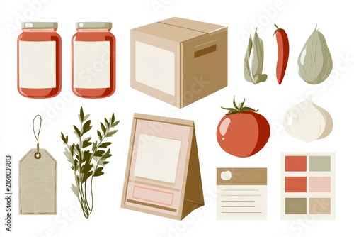Flat food brand illustration pack with jars box vegetables herbs tags and signage for packaging mockups and label design