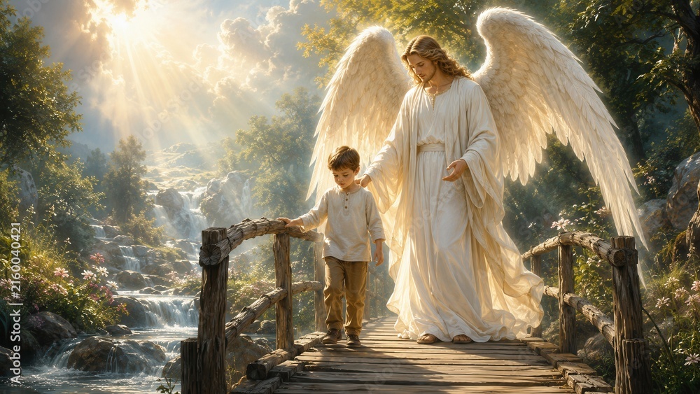 Fototapeta premium Guardian angel protecting young child on wooden bridge beside waterfall in radiant heavenly light landscape