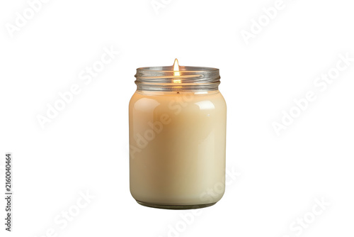 Pale cream jar candle with small flame isolated