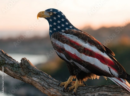 A majestic bald eagle with american flag patterns sitting on a branch in a natural setting