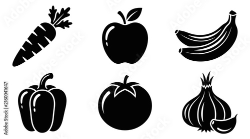 Set of black vegetable and fruit silhouettes featuring carrot apple banana bell pepper tomato and