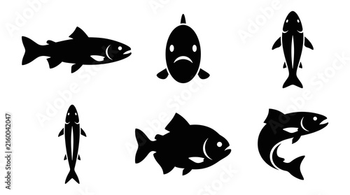 Set of black fish silhouettes in various swimming positions, flat icons for fishing logos, marine
