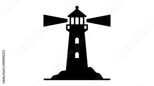 Black silhouette lighthouse icon with shining beams for nautical navigation safety signage