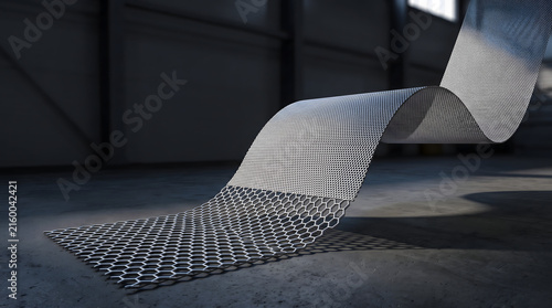 Wavy patterned metallic ribbon stretching across industrial floor with patterned