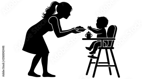 Black silhouette of mother feeding infant in high chair, parenting lifestyle, childcare, nursery