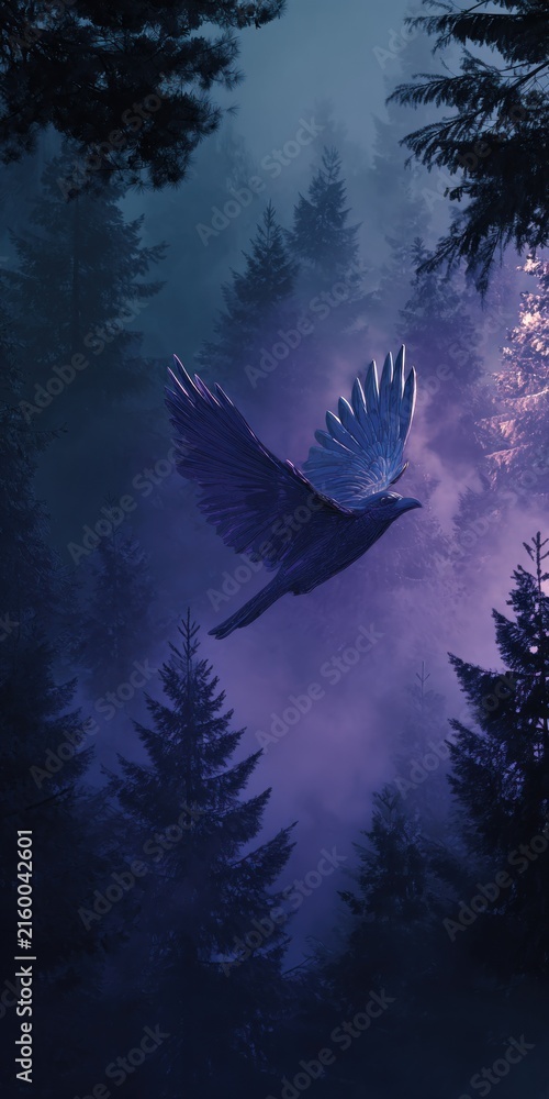 Naklejka premium Soaring raven in forest depicting nighttime atmosphere with foggy background