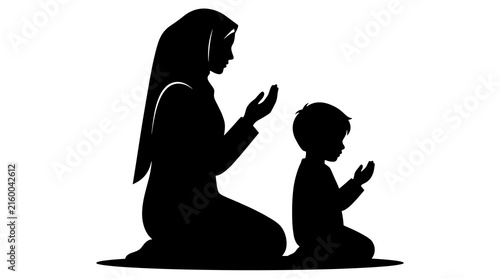 silhouette of muslim mother and child praying together, spiritual faith, family worship, islam
