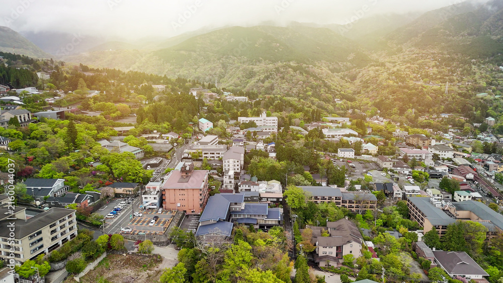 Fototapeta premium Gora Hakone Japan aerial panorama of mountains hot springs ryokans