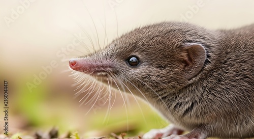 Close-up of small brown shrew outdoors.