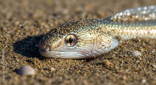 Closeup of small lizard on sand.
