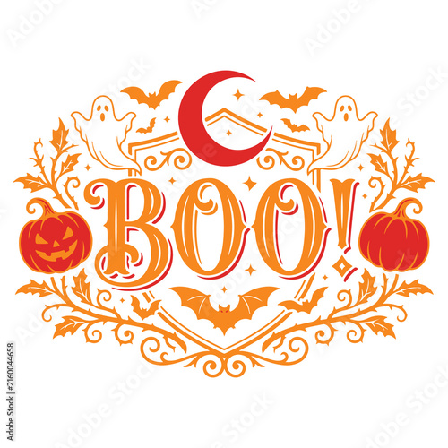 Vintage Halloween Boo typography design, retro spooky holiday emblem with pumpkins and ghosts, orange and red festive seasonal graphic