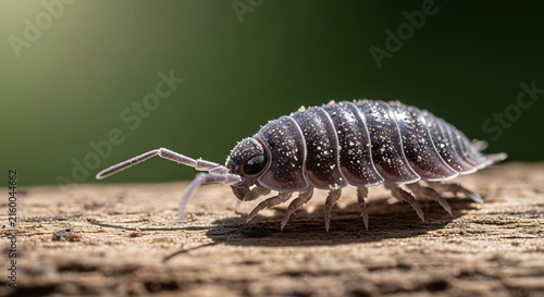 Closeup of small pillbug on wood.