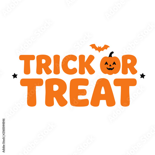 Trick or Treat Halloween typography, orange festive lettering with pumpkin and bat, spooky holiday greeting sign on white background