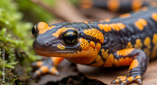 Closeup of spotted orange salamander crawling.