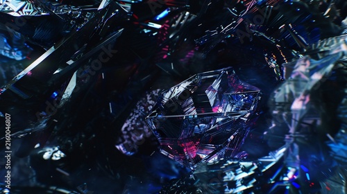 Intricate abstract composition of shattered crystalline structures with vibrant, cool tones