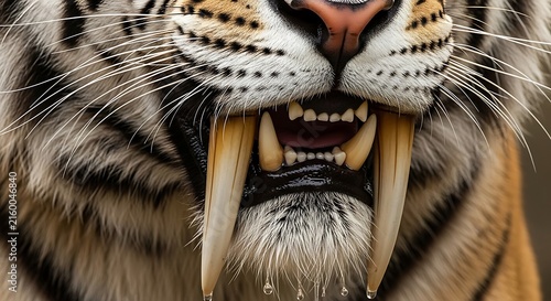 Close-up of tiger face with fangs.