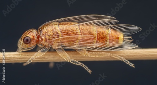 Close-up of tiny insect on stick.