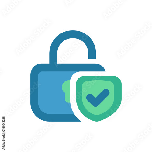 Blue security padlock with green shield checkmark.