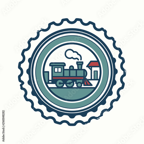 Blue scalloped seal with vintage steam locomotive.