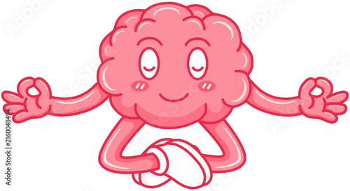 Cute Cartoon Brain Character Meditating, Mental Wellness and Mindfulness Concept Illustration