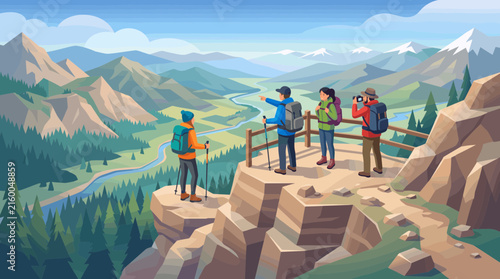 Hiking hikers vector illustration with mountains landscape