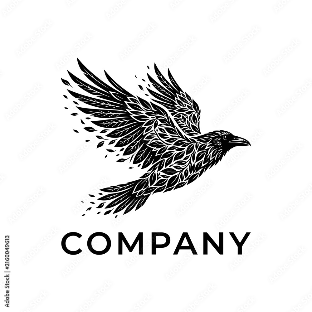 Naklejka premium Raven bird in flight logo with leaf patterns.