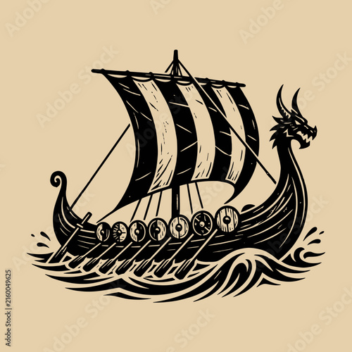 Ancient viking longship sailing on waves.
