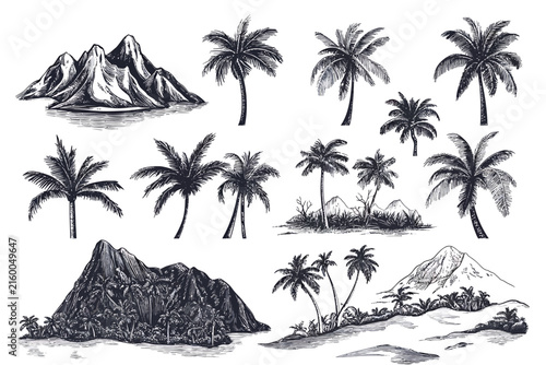 Collection of hand drawn tropical island elements and landscapes vector illustration on white background.