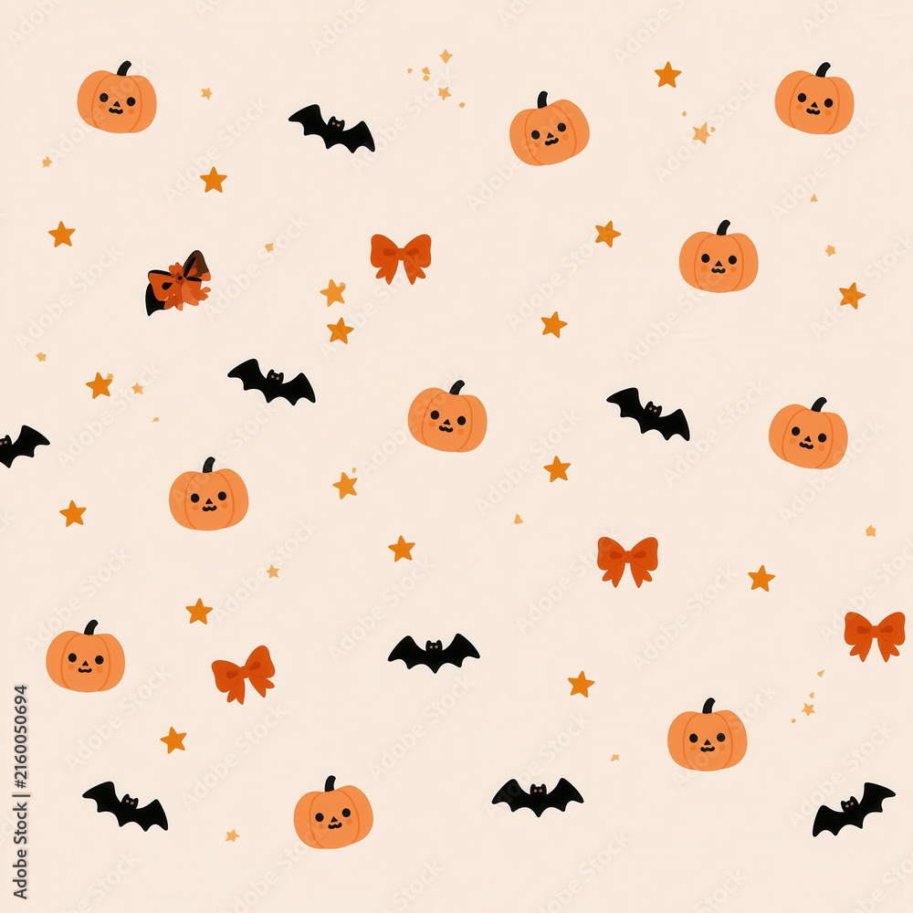 Fototapeta premium Halloween background pumpkin bat star bow beige cute seamless pattern cute soft beige holiday design with orange pumpkin, black bat, bow, and star for seasonal decor