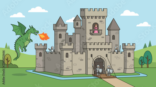 Фотография Dragon Attacks Medieval Castle with Princess