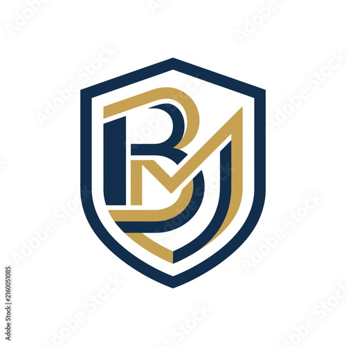 Blue and gold BM monogram shield logo emblem.