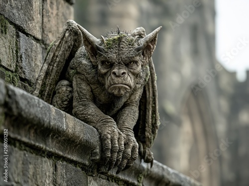 Obraz w ramie Ancient stone gargoyle statue peering from a weathered building