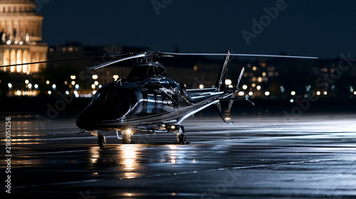 Helicopter resting on wet runway at night wet reflective surface aviation transport concept engineering technology low light outdoor with copy space