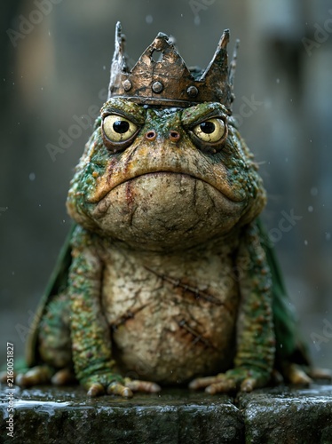 Regal grumpy toad king in crown, green cape, rain