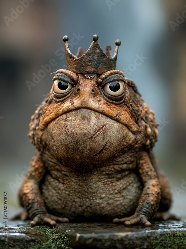 Grumpy toad wearing a rusty crown, close-up.