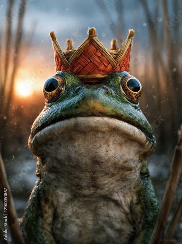 Close-up of a royal frog wearing a woven crown at sunset