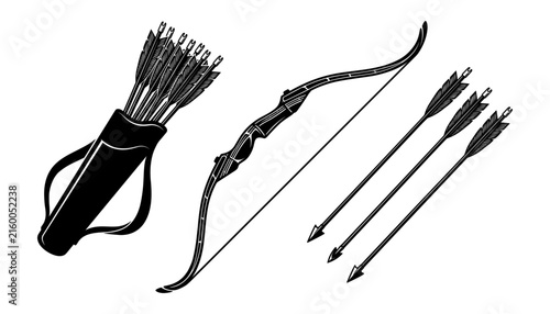 Photography Traditional archery equipment illustration featuring a classic curved bow a full