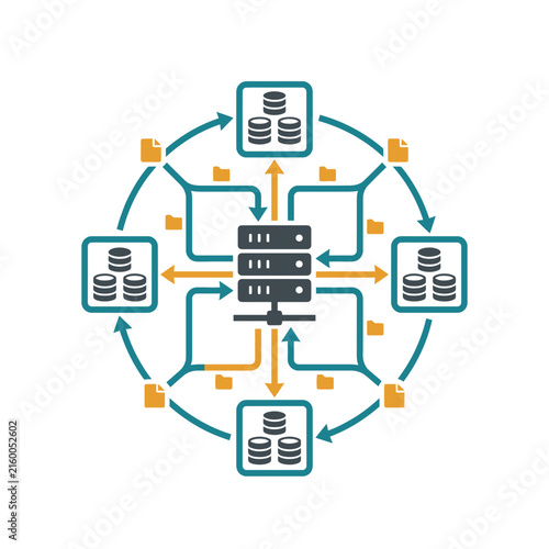 Centralized database network and distribution icon.