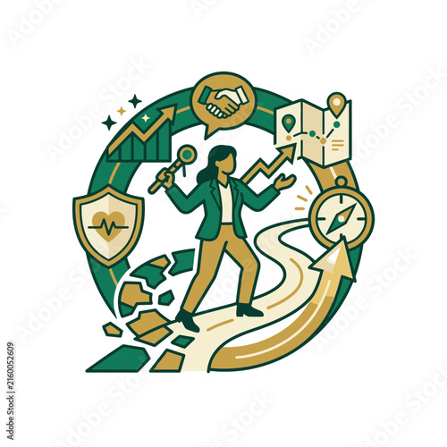 Businesswoman navigating winding career path with map and compass.