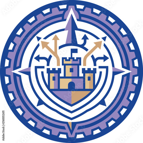 Castle shield emblem within circular compass frame.