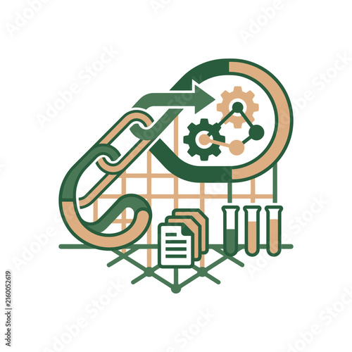 Chain link icon with gears and laboratory equipment.