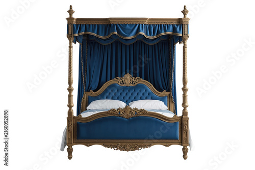 Ornate blue canopy bed with carved golden wood posts and draped curtains
