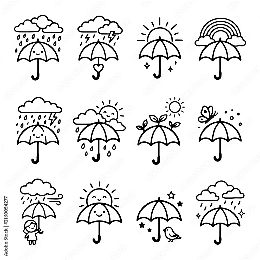Fototapeta premium Cute weather icon set featuring smiling umbrellas rain clouds sun rainbow butterfly birds in outline style umbrella butterfly protection illustration collection monochrome isolated background